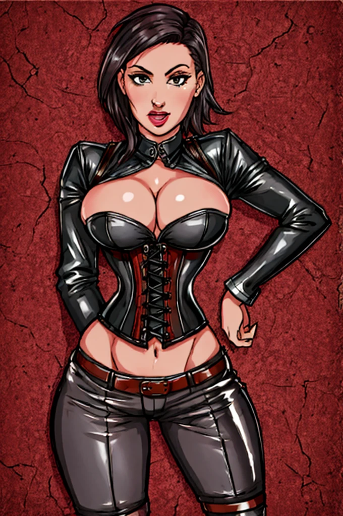 Butch Henchwoman, leather, corset, leather minipants,  (gray skin tone:1.0)