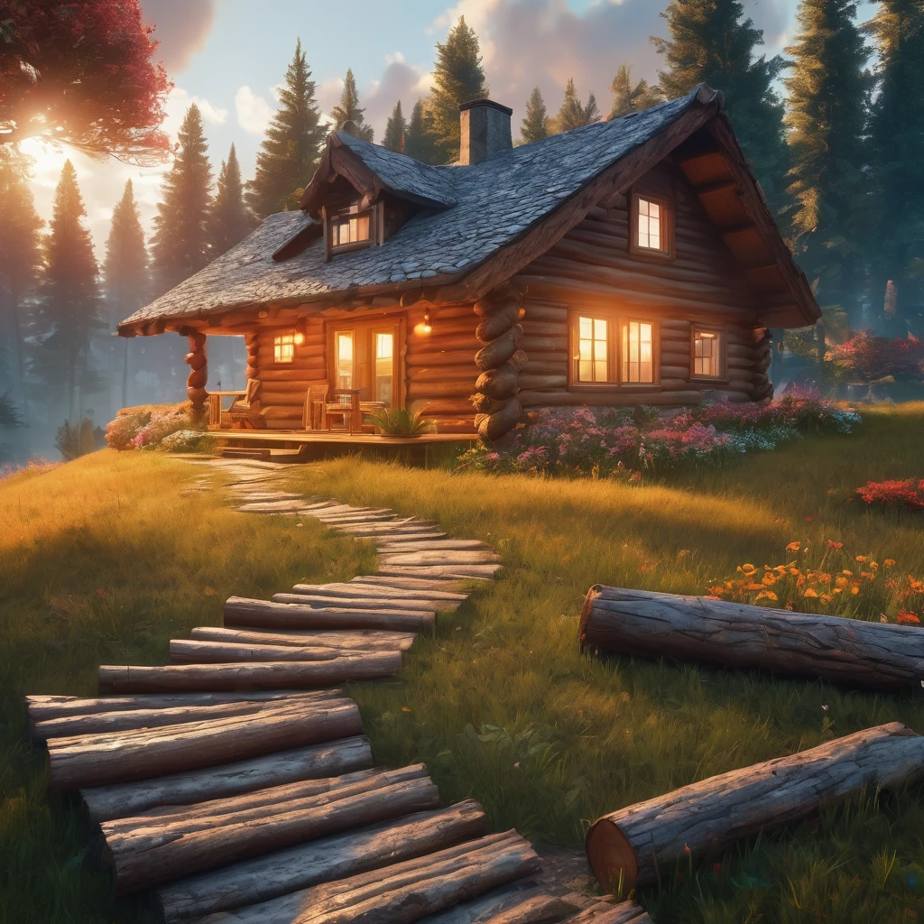 centered ground shot of Hyperrealistic digital image of a charming flowery varnished logs made cottage nestled in the woods,log columns,rustic,pathway,meadows,and far hills,burning clouds in a gradient orange yellow sky,niji anime style,hyper-maximalism,raw photography,ultra-detailed photorealistic textures,artistic bokeh,beautiful lighting,hyper-detailed,sharp focus,unreal engine,WLOP,HDR,8k,vray