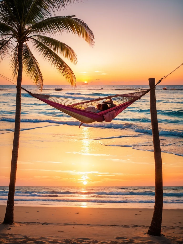 A serene beach scene at sunset with gentle waves lapping against the shore. A hammock is strung between two swaying palm trees, creating a perfect retreat. The sky is ablaze with warm hues of orange and pink, and seashells are scattered along the pristine sand.