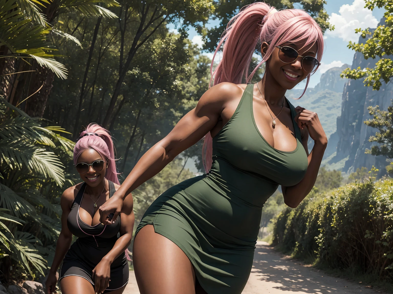 (masterpiece:1.2), (best quality:1.2), ((only one person:1)), {full body image:1},very huge breasts, black woman, pink hair, long ponytail hair, Happy smile, realistic and detailed hands, realistic and detailed face, realistic and detailed tooth, realistic and detailed foots, realistic and detailed face, aviator sunglasses, park, walking on the trail, dark green short dress, extremely muscular.