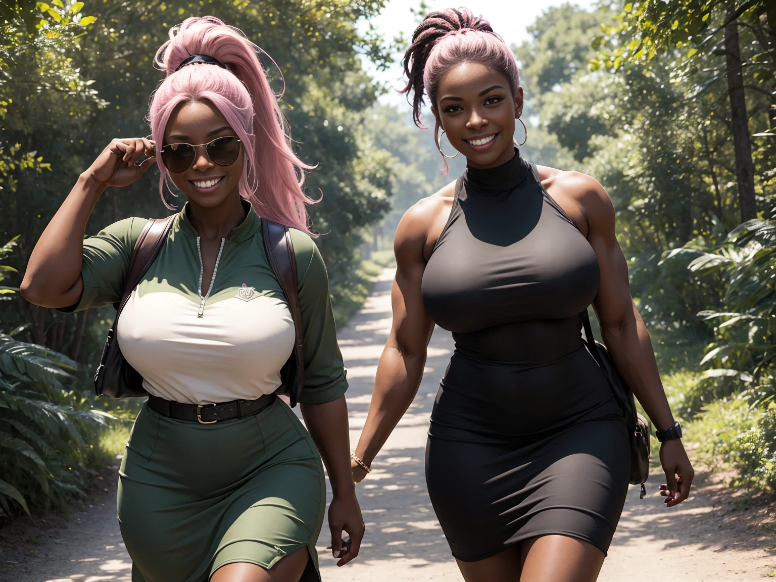 (masterpiece:1.2), (best quality:1.2), ((only one person:1)), {full body image:1},very huge breasts, black woman, pink hair, long ponytail hair, Happy smile, realistic and detailed hands, realistic and detailed face, realistic and detailed tooth, realistic and detailed foots, realistic and detailed face, aviator sunglasses, park, walking on the trail, dark green short dress, extremely muscular.