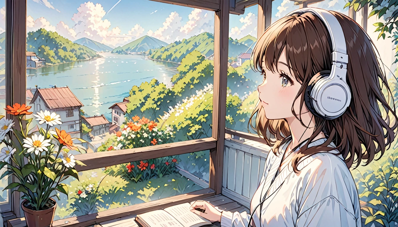 Girl wearing headphones,Brown Hair,1 person,Detailed Background,Feel the fresh morning air