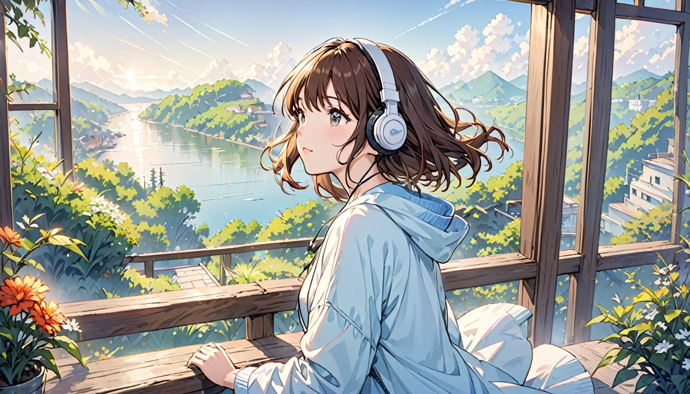 Girl wearing headphones,Brown Hair,1 person,Detailed Background,Feel the fresh morning air