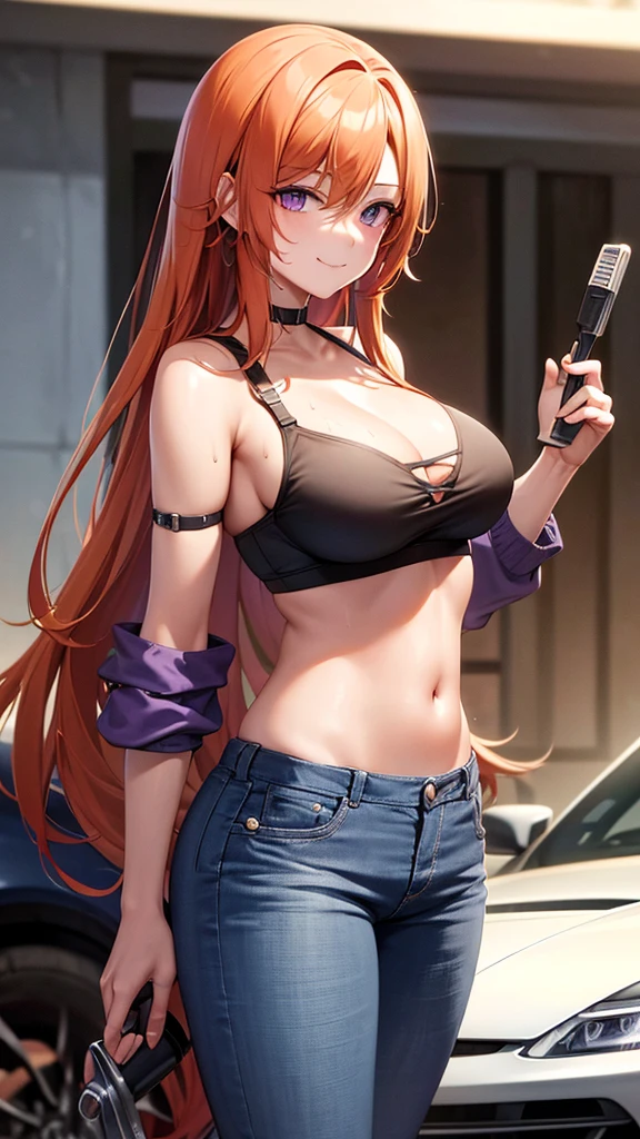 older, leaning, holding wrench, adult, cleavagemature, Orange hair, long hair, wavy hair,, purple eyes, goggles on head, smile, dirty, purple bra, midriff, bralette, jean shorts, garage, in front of car, fixing car, sweating, dirty, ultra-detailed, absurdres, unreal engine, masterpiece, best quality, beautiful eyes, volumetric lighting, silky_hair), best quality, ultra-detailed, looking at viewer, highres, 8k wallpaper, extremely detailed, smooth lighting, 8k, depth of field, masterpiece, cinematic lighting,,1girl