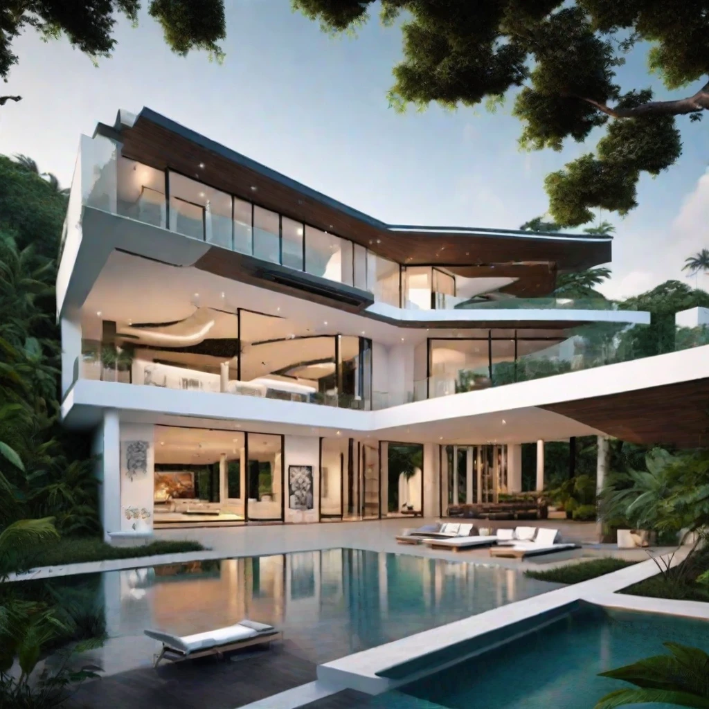 masterpiece, Best quality, house for the rich, Modern, in the jungle, luxury, white mansion, expensive