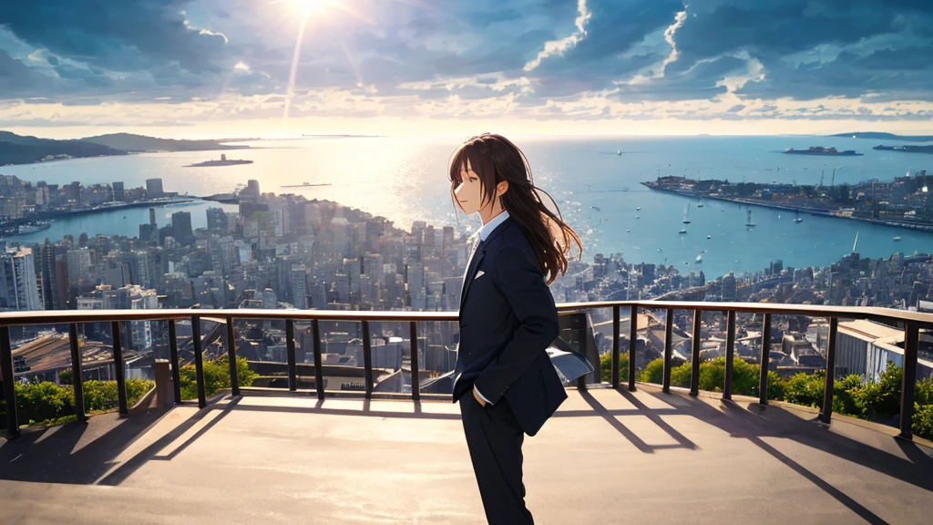 Shiraishi Mei, Looks exactly like Shiraishi Mei,Oceanの方を向いている後ろ姿、Woman looking up at the sky ,Long Hair, Dark brown hair, Suit jacket、Blouse Photos, Realistic, Highest quality, Detailed face, The background is the cityscape of Japan、Strong sunlight, Ocean, Embankment, Detailed Background, Diffused sunlight, Written boundary depth, Bokeh (Highest quality: 1.2), (masterpiece: 1.2), Watch Viewer, one piece, White Theme, ,Vision、(((Panorama:1.2)))