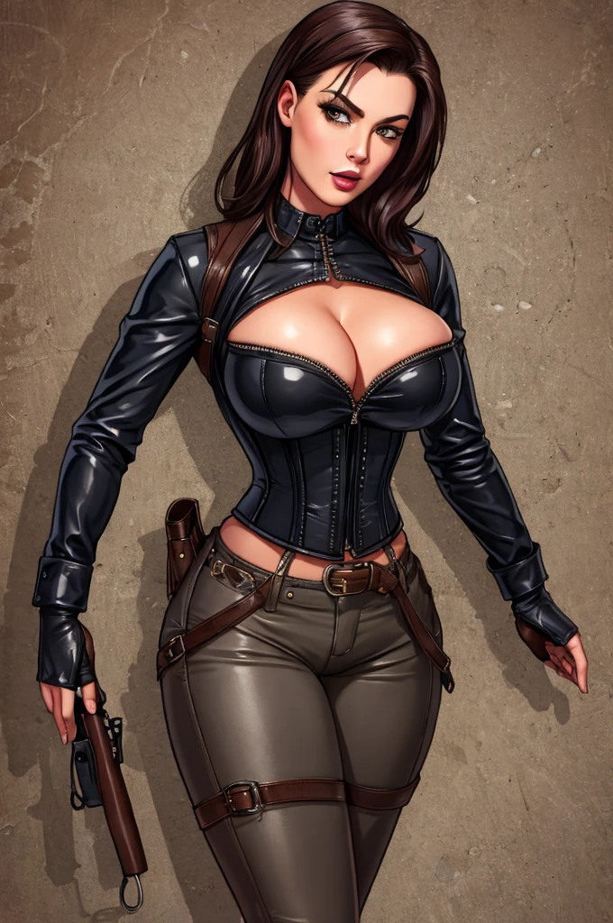 Butch Henchwoman, leather, corset, leather minipants,  (gray skin tone:1.0)