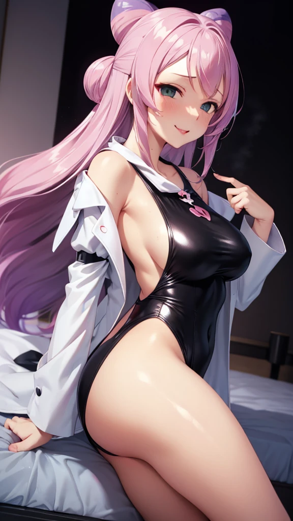 Erotic、White One Piece Swimsuit Pink line、tall、Evil female executive、sexy、Erotic Sneer、lure、Alluring、Pitch black background、Dark bedroom at night、Open long coat jacket、Black tights