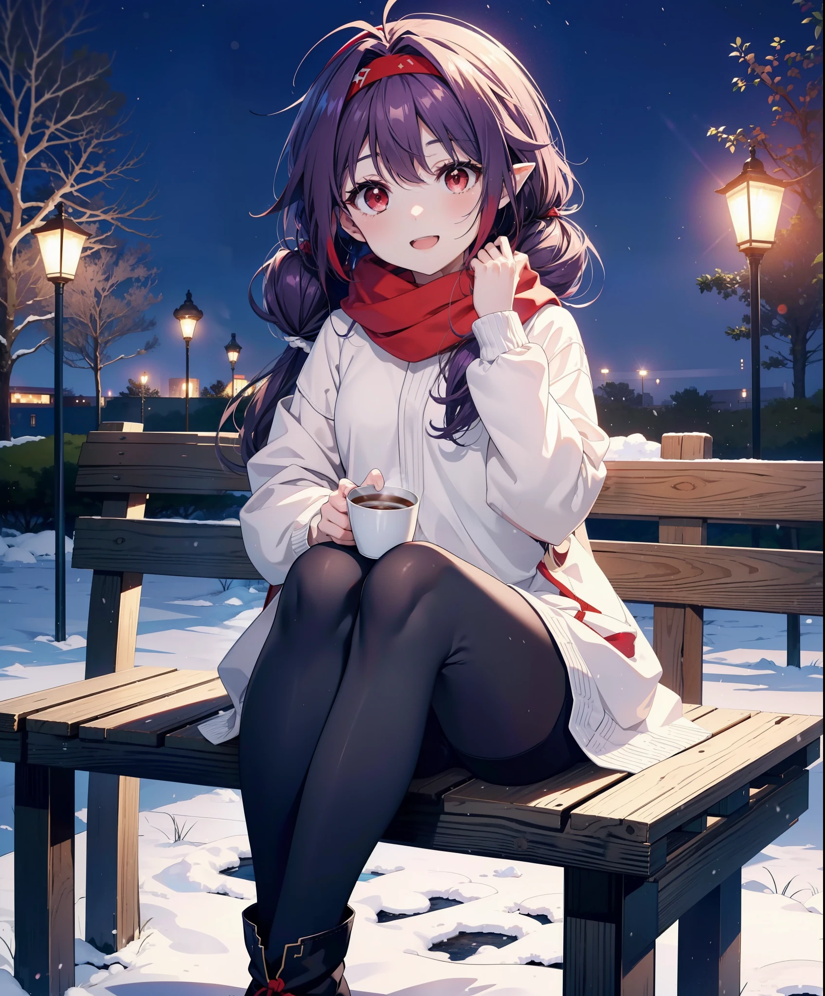 yuukikonno, Konno Yuuki, Long Hair, Pointed Ears, Purple Hair, (Red eyes:1.5), (Small breasts:1.2), Open your mouth,happy smile, smile, Open your mouth,hair band,low twin tail,Red Scarf,Oversized purple hoodie,Long skirt,Black pantyhose,short boots,Holding a paper cup of coffee in both hands,Sitting on a bench,snowが降っている,snowが降り積もっている,snow,snow,snow,snow,snowが積もった木,winter,Cold Sky,night,whole bodyがイラストに入るように,
break looking at viewer,  whole body,
break outdoors, garden,
break (masterpiece:1.2), Highest quality, High resolution, unity 8k wallpaper, (figure:0.8), (Beautiful attention to detail:1.6), Highly detailed face, Perfect lighting, Highly detailed CG, (Perfect hands, Perfect Anatomy),