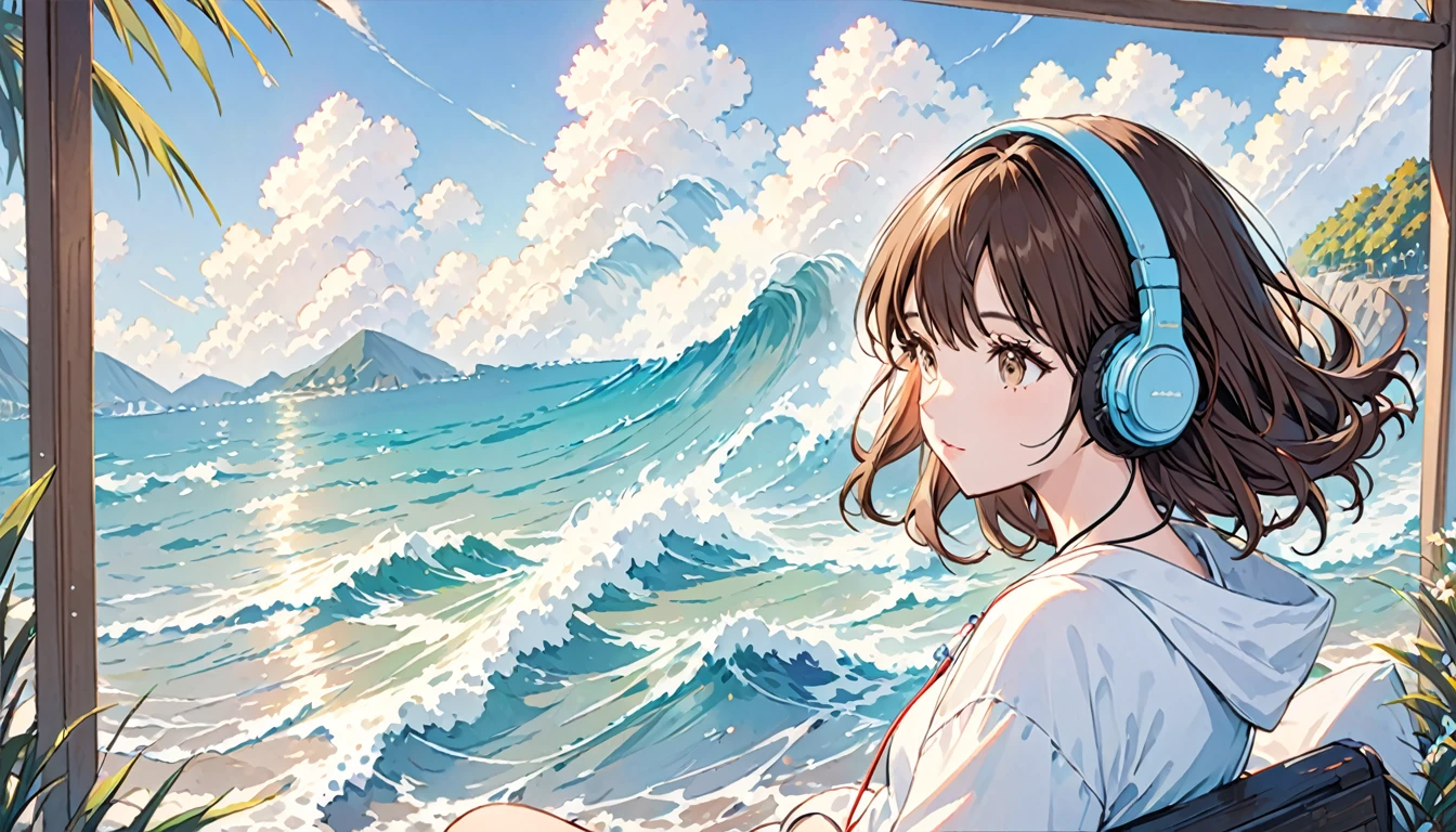 Girl wearing headphones,Brown Hair,1 person,bright,Detailed Background,Relax with the sound of the waves