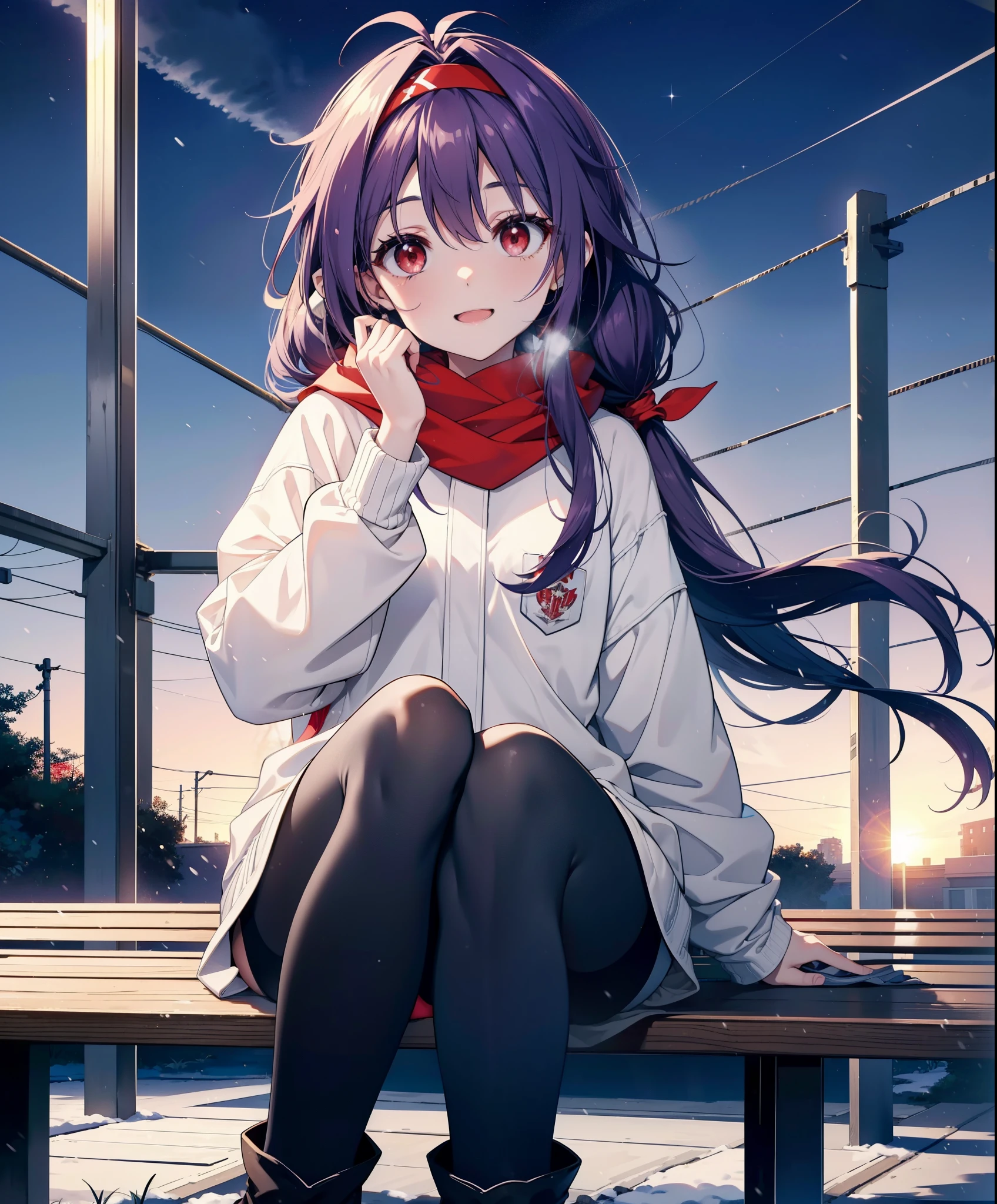 yuukikonno, Konno Yuuki, Long Hair, Pointed Ears, Purple Hair, (Red eyes:1.5), (Small breasts:1.2), Open your mouth,happy smile, smile, Open your mouth,hair band,low twin tail,Red Scarf,Oversized purple hoodie,Long skirt,Black pantyhose,short boots,Holding a paper cup of coffee in both hands,Sitting on a bench,snowが降っている,snowが降り積もっている,snow,snow,snow,snow,snowが積もった木,winter,Cold Sky,night,whole bodyがイラストに入るように,
break looking at viewer,  whole body,
break outdoors, garden,
break (masterpiece:1.2), Highest quality, High resolution, unity 8k wallpaper, (figure:0.8), (Beautiful attention to detail:1.6), Highly detailed face, Perfect lighting, Highly detailed CG, (Perfect hands, Perfect Anatomy),