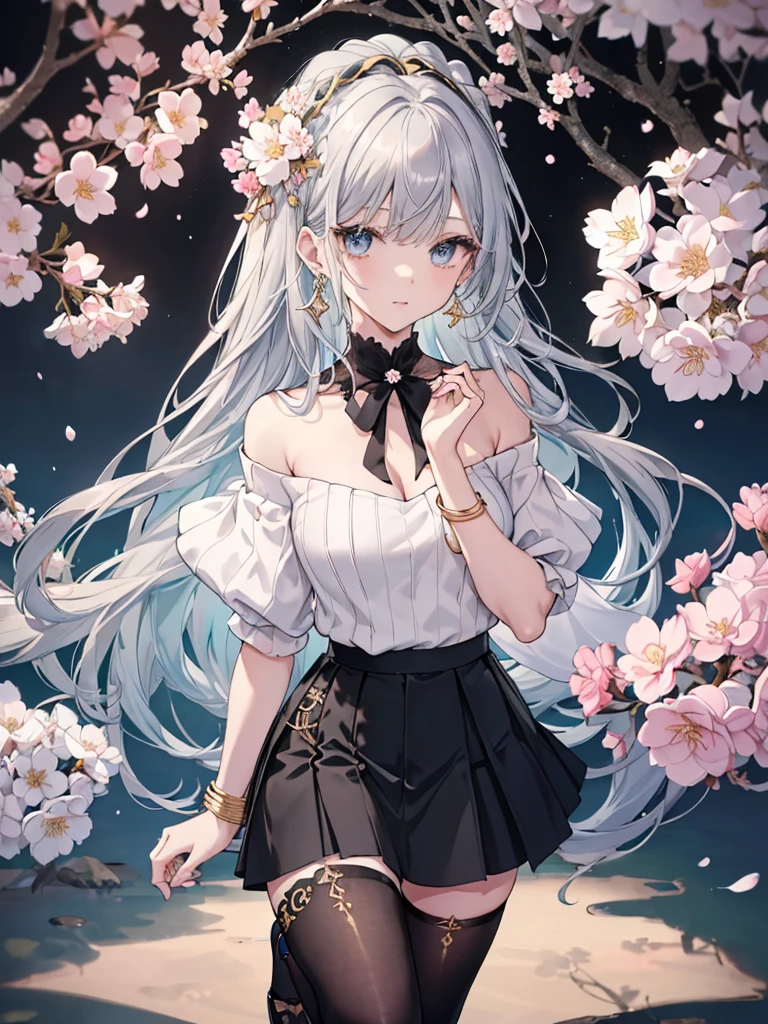 8k,High resolution RAW color art, Anime Art,Silver Marble Skin, (((Highly detailed elegant))), Detailed skin, texture,(Exquisitely crafted, The finer details, Ultra-detailed art), (1 Girl), Depth of written boundary, Silky Touch, Hyper Detail, Cool face, eye shadow、Armed pretty woman, Beautiful attention to detail, Beautiful lip detail, Highly detailed face, Delicate depiction of hair and eyes, Detailed Fashion, Blue sparkling eyes, Earrings, Slightly larger breasts,Full body depiction, ,Focus on the user、Stylish white off-shoulder pants、((((Black above the knee skirt)))、Black tights up to the knee、Thighs、Golden decoration, Gray Hair, Golden bracelet, Long Straight Hair, Heavy hair、Light blue outer color、(((Hair)))、sweater、Cherry Blossoms at Night(Lesoonlight、肌面積Lesature)))、Calm background
