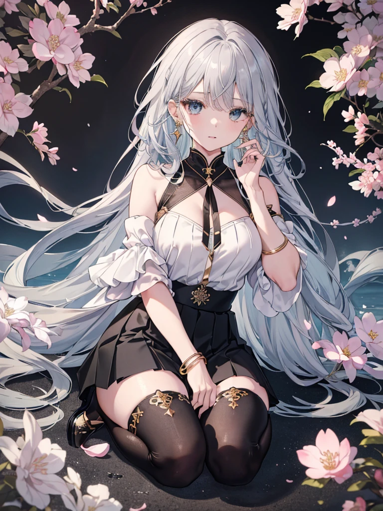 8k,High resolution RAW color art, Anime Art,Silver Marble Skin, (((Highly detailed elegant))), Detailed skin, texture,(Exquisitely crafted, The finer details, Ultra-detailed art), (1 Girl), Depth of written boundary, Silky Touch, Hyper Detail, Cool face, eye shadow、Armed pretty woman, Beautiful attention to detail, Beautiful lip detail, Highly detailed face, Delicate depiction of hair and eyes, Detailed Fashion, Blue sparkling eyes, Earrings, Slightly larger breasts,Full body depiction, ,Focus on the user、Stylish white off-shoulder pants、((((Black above the knee skirt)))、Black tights up to the knee、Thighs、Golden decoration, Gray Hair, Golden bracelet, Long Straight Hair, Heavy hair、Light blue outer color、(((Hair)))、sweater、Cherry Blossoms at Night(Lesoonlight、肌面積Lesature)))、Calm background