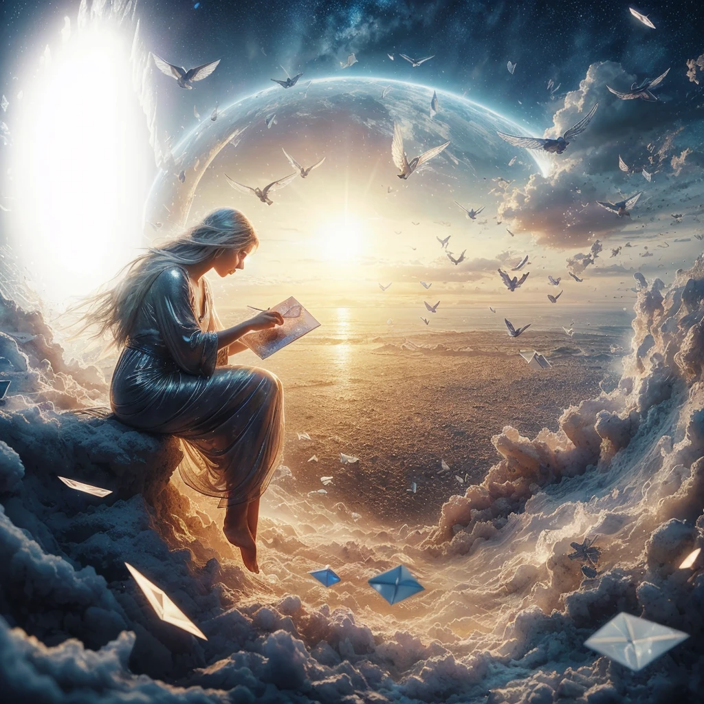 messages from angels that produce sadness but are sent with love. Photorealism, full view, highly detailed image, highly realistic, hyperrealism, cinematography, Ultra HD, 8k, Unreal Engine 5, sharp focus, intricate and mysterious masterpiece. (Long exposure photography Highly detailed, close-up portrait art illustration: final quality medium shot, backlit, rich and eye-catching. Enigmatic and mysterious manipulations (rule of thirds composition), ((detailed environment with lines strong), Better quality, on camera, white light, warm and clean aesthetics, dazzling screen composed of millions of bright ultraviolet lights, HDR.