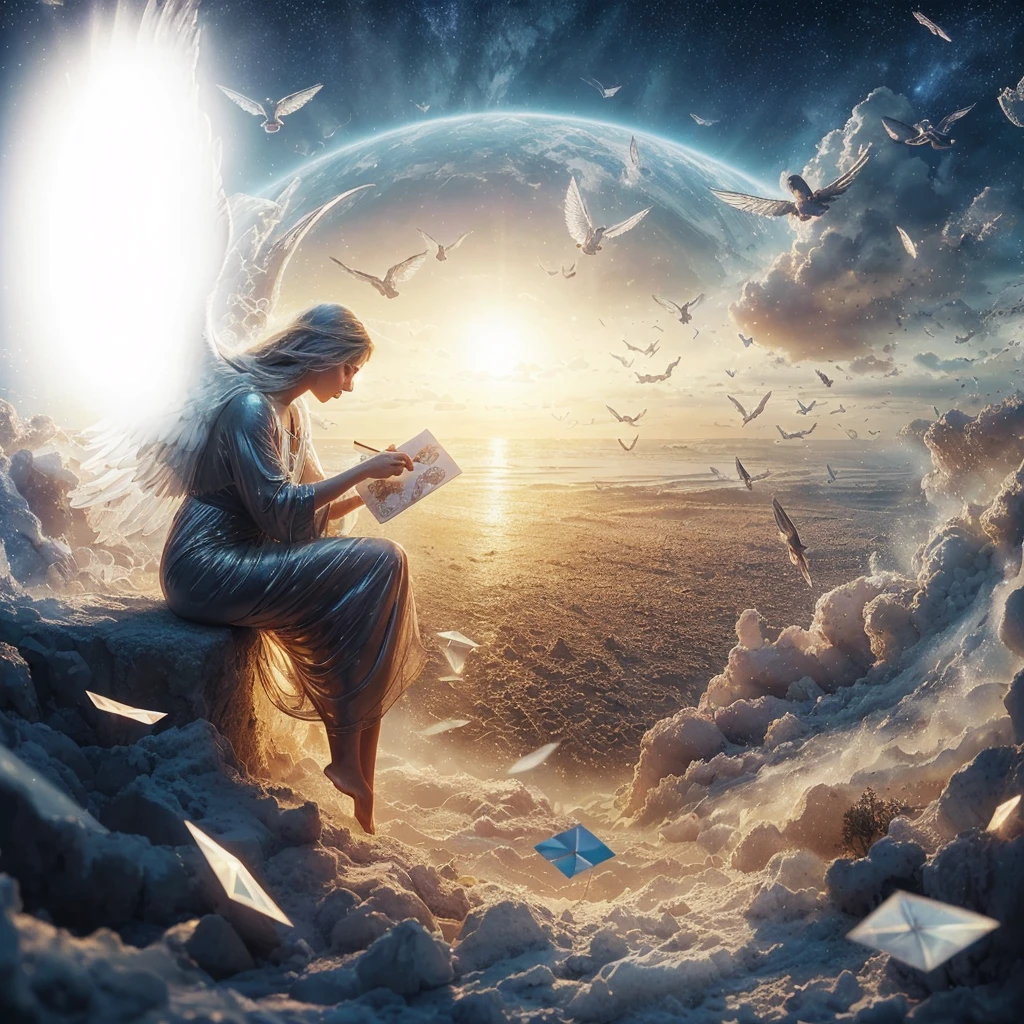 messages from angels that produce sadness but are sent with love. Photorealism, full view, highly detailed image, highly realistic, hyperrealism, cinematography, Ultra HD, 8k, Unreal Engine 5, sharp focus, intricate and mysterious masterpiece. (Long exposure photography Highly detailed, close-up portrait art illustration: final quality medium shot, backlit, rich and eye-catching. Enigmatic and mysterious manipulations (rule of thirds composition), ((detailed environment with lines strong), Better quality, on camera, white light, warm and clean aesthetics, dazzling screen composed of millions of bright ultraviolet lights, HDR.