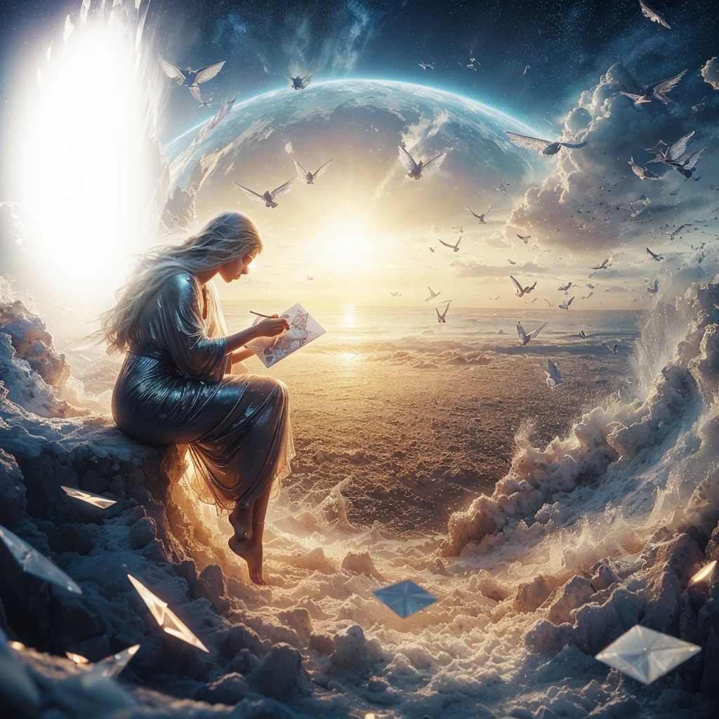 messages from angels that produce sadness but are sent with love. Photorealism, full view, highly detailed image, highly realistic, hyperrealism, cinematography, Ultra HD, 8k, Unreal Engine 5, sharp focus, intricate and mysterious masterpiece. (Long exposure photography Highly detailed, close-up portrait art illustration: final quality medium shot, backlit, rich and eye-catching. Enigmatic and mysterious manipulations (rule of thirds composition), ((detailed environment with lines strong), Better quality, on camera, white light, warm and clean aesthetics, dazzling screen composed of millions of bright ultraviolet lights, HDR.