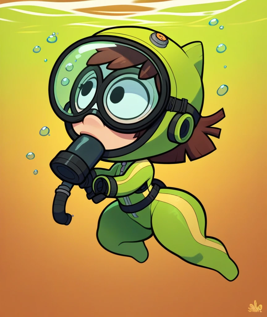 lisaloud, 1girl, solo, green tight wetsuit, Yellow Fins, green tight diving hood, black oval scuba mask, underwater, scuba diving, oxygen tank, looking a fish, diving, big butt, big hips, brown hair, blowjob, chibi, score_9, score_8_up, score_7_up