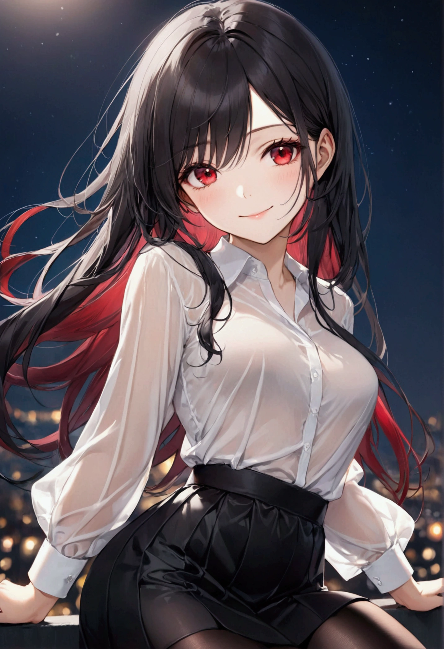 (top-quality)), ((masterpiece)), ((ultra-detailliert)), (extremely delicate and beautiful), jet black hair, long straight hair, beautiful sexy woman, gentle smile, elegant expression, crimson red eyes, sheer crisp white shirt, black skirt, sheer black stockings, night sky background