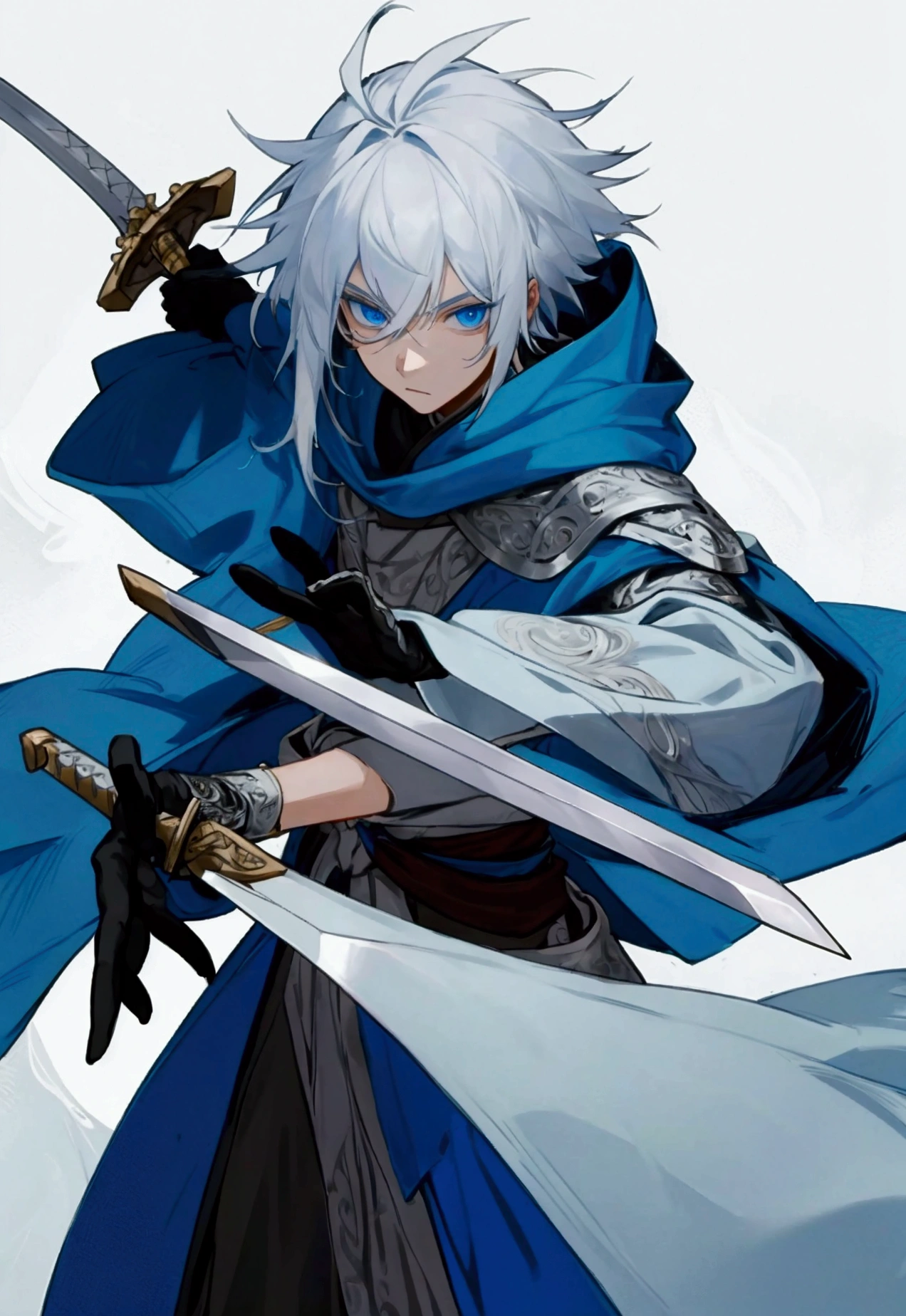 Wizard a young man, he has a silver hair and blue eyes, he wear a hood and wear gloves ,sword.