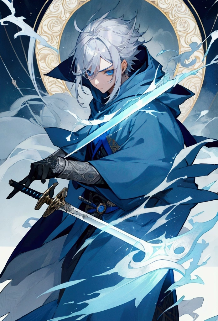 Wizard a young man, he has a silver hair and blue eyes, he wear a hood and wear gloves ,sword.