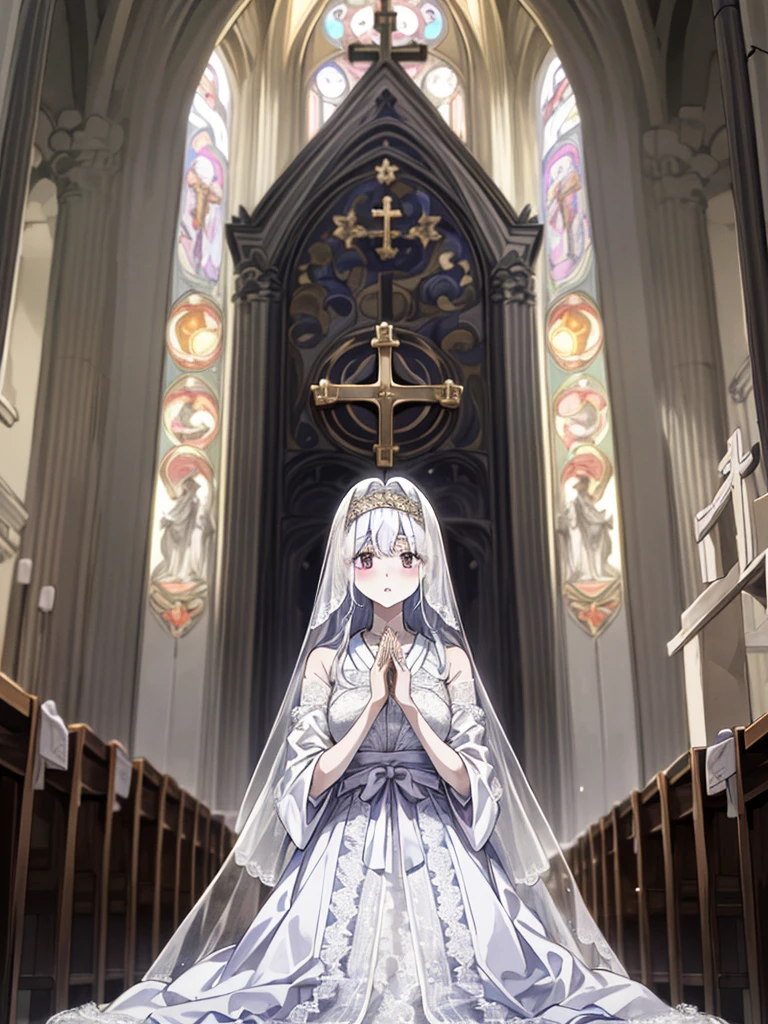 ((masterpiece))、((Highest Resolution))、((lonely japanese woman))、(Transparent white skin)、(((In the background is a large Roman church)))、(((Facing forward)))、I clasp my hands together and look up to the sky as if praying.、Depict the whole body、purple wedding dress、A dress with lots of lace、Gorgeous wedding dresses、expensive wedding dresses、Straight long hair、Ash's Hair、Wearing a shiny golden tiara、Wearing purple sheer lace wedding gloves、Narrow waist、A long lace stretches down the back、
