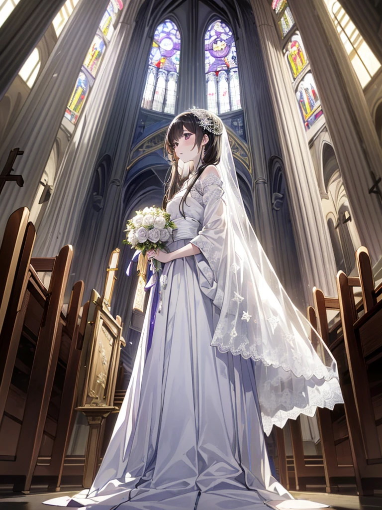 ((masterpiece))､((Highest Resolution))､((lonely japanese woman))､(Transparent white skin)､(((In the background is a large Roman church)))､(((Facing forward)))､I clasp my hands together and look up to the sky as if praying.､Depict the whole body､purple wedding dress､A dress with lots of lace､Gorgeous wedding dresses､expensive wedding dresses､Straight long hair､Ash&#39;s Hair､Wearing a shiny golden tiara､Wearing purple sheer lace wedding gloves､Narrow waist､A long lace stretches down the back､Large Breasts､