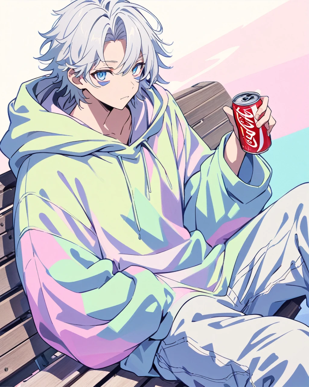 Generate an anime-style artwork of a young man with long, silver hair, wearing an oversized hoodie and loose jeans. He has a relaxed expression and is sitting on a bench, holding a soda can. The background features a minimalist design with contrasting pastel colors. Emphasize the details in his facial features, hair, and clothing folds.