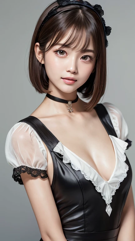 masterpiece、masterpiece、One girl per photo、(Face close-up、Cowboy Shot)、Front view from the front、Japanese、Very young and beautiful woman、(The cutest girl in the world)、24-years-old、Makes your face smaller、Small breasts、Cleavage、Wearing a cute black maid outfit made of short sleeve silk satin、Very elaborate costumes、Smiling at the cafe、Black ribbon headdress、Scrunchie、Black choker、Attractive person、Super cute face、Glossy Lips、Double eyelids on both eyes、 Natural Makeup、Long eyelashes、Shiny and smooth light brown hair、Bans、bob cut、Show your forehead、Center image、8k resolution、Advanced Details、Detailed hairstyle、Detailed face、Great cinema lighting、Octane Rendering、Vibrant、Ultra-realistic、Perfect limbs、Perfect Anatomy