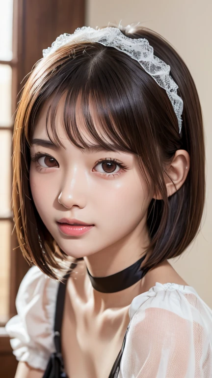 masterpiece、masterpiece、One girl per photo、(Face close-up、Cowboy Shot)、Front view from the front、Japanese、Very young and beautiful woman、(The cutest girl in the world)、24-years-old、Makes your face smaller、Small breasts、Cleavage、Wearing a cute black maid outfit made of short sleeve silk satin、Very elaborate costumes、Smiling at the cafe、Black ribbon headdress、Scrunchie、Black choker、Attractive person、Super cute face、Glossy Lips、Double eyelids on both eyes、 Natural Makeup、Long eyelashes、Shiny and smooth light brown hair、Bans、bob cut、Show your forehead、Center image、8k resolution、Advanced Details、Detailed hairstyle、Detailed face、Great cinema lighting、Octane Rendering、Vibrant、Ultra-realistic、Perfect limbs、Perfect Anatomy