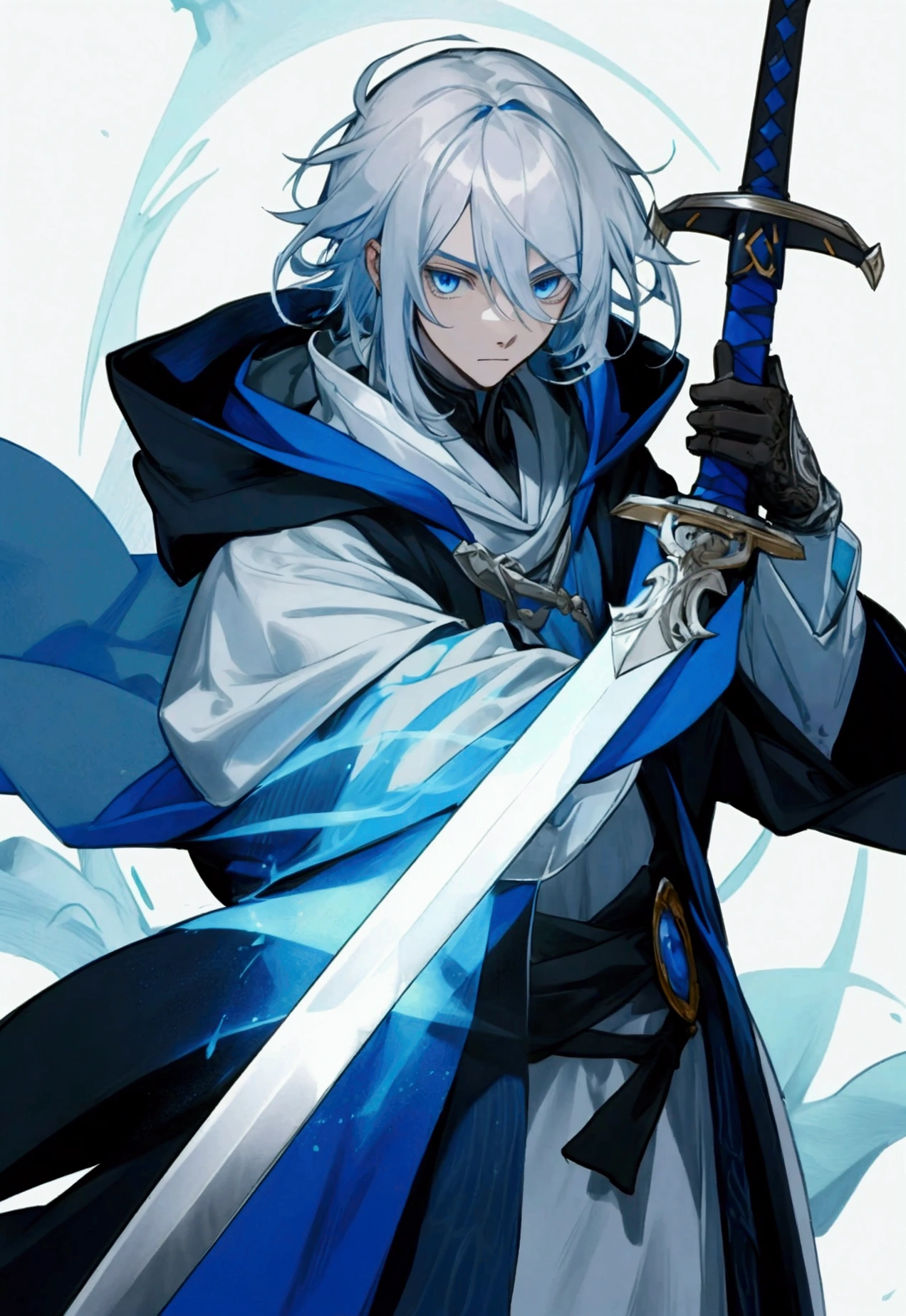 Wizard a young man, he has a silver hair and blue eyes, he wear a hood and wear gloves ,sword.