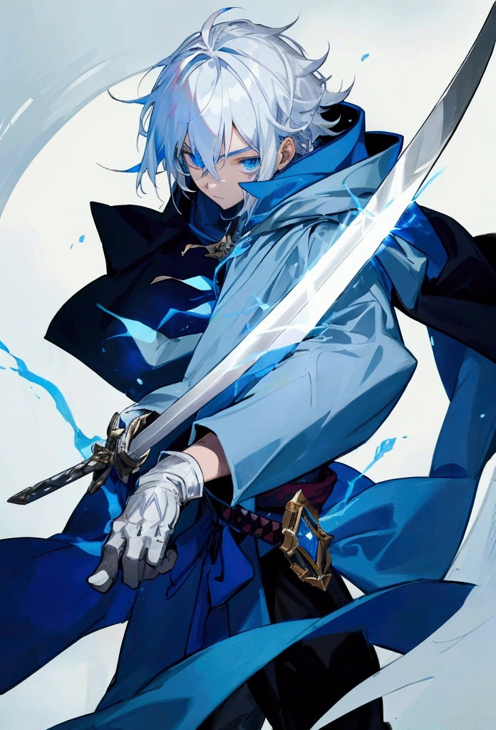 Wizard a young man, he has a silver hair and blue eyes, he wear a hood and wear gloves ,sword.