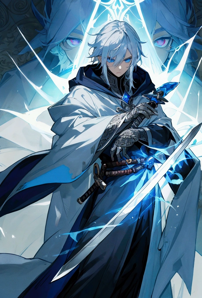 Wizard a young man, he has a silver hair and blue eyes, he wear a hood and wear gloves ,sword.