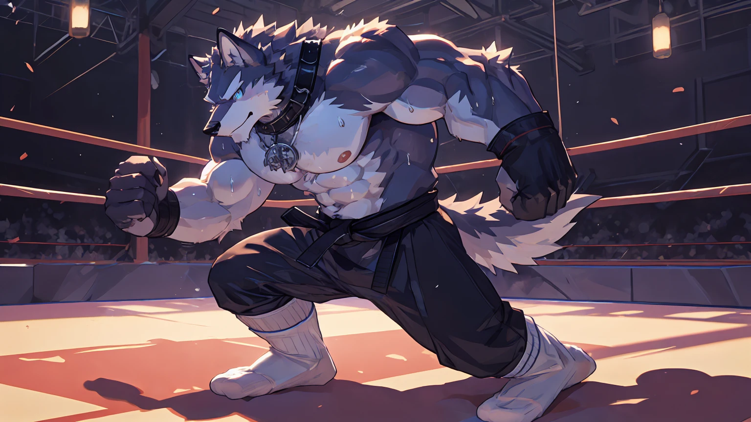 Best quality, diederich olsen (/knights college/), wolf, kemono, nj5furry, Black Fur, Blue eyes, Medium Muscular Body, Solo, fighting Pose, (white socks:1.5), Collar, topless, trunk, Sweat, Fierce eyes, Smille, Martial Arts, Competition Ring