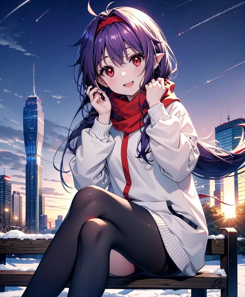 yuukikonno, Konno Yuuki, Long Hair, Pointed Ears, Purple Hair, (Red eyes:1.5), (Small breasts:1.2), Open your mouth,happy smile, smile, Open your mouth,hair band,low twin tail,Red Scarf,Oversized purple hoodie,Long skirt,Black pantyhose,short boots,Holding a paper cup of coffee in both hands,Sitting on a bench,snowが降っている,snowが降り積もっている,snow,snow,snow,snow,snowが積もった木,winter,Cold Sky,night,whole bodyがイラストに入るように,
break looking at viewer, whole body,
break outdoors, garden,
break (masterpiece:1.2), Highest quality, High resolution, unity 8k wallpaper, (figure:0.8), (Beautiful attention to detail:1.6), Highly detailed face, Perfect lighting, Highly detailed CG, (Perfect hands, Perfect Anatomy),