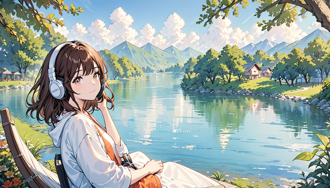 Girl wearing headphones,Brown Hair,1 person,bright,Detailed Background,Relax by the lake