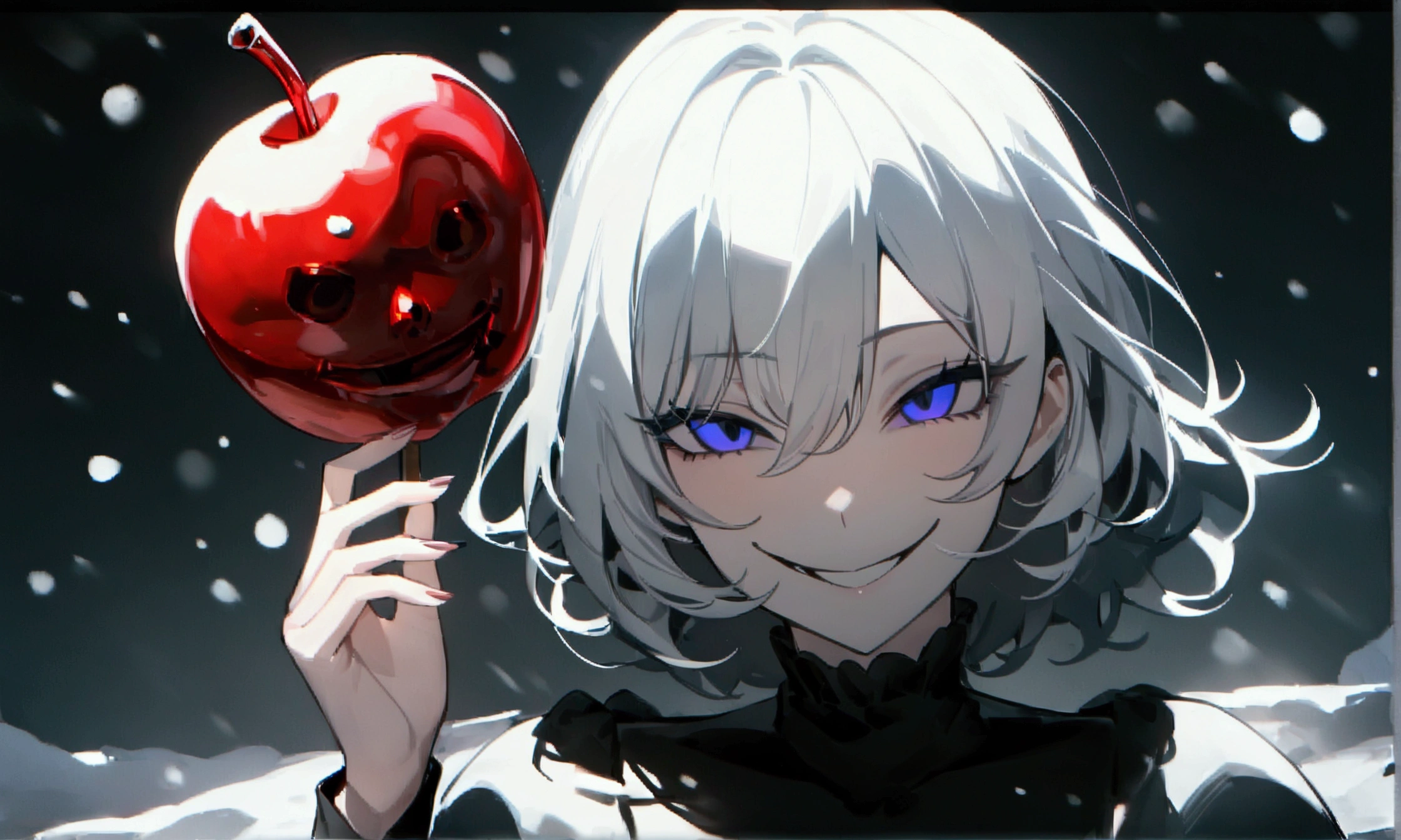 (masterpiece:1.2, Highest quality), (snow white:1.3), 1 female, whole body, casual, Minimal makeup, pale,Natural materials, Close-up face, (Wicked Smile:1.3), Bright Eyes,Hearts in the Eyes ,8K high resolution, Fine Lines, ((whole body)), (have a poison apple:1.2)