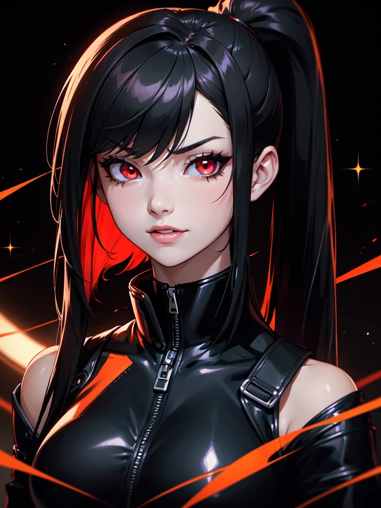 (((Portrait Photo))), She has a Bold, Assertive 18-Year-Old Appearance, with a Strong, Curvaceous Build, and an Cheerful Demeanor. She has Long, Straight Black Hair Tied in a High Ponytail, with Loose Strands Framing Her Face. Her Fiery Red Eyes Sparkle with Boldness and Mischief, Giving Off a Fearless and Self-Confident Attitude. She Wears a Black, Form-Fitting Sleeveless Bodysuit with Cutouts, Paired with a Leather Jacket. (((High Quality, Dark Background))), (((Portrait Photo)))