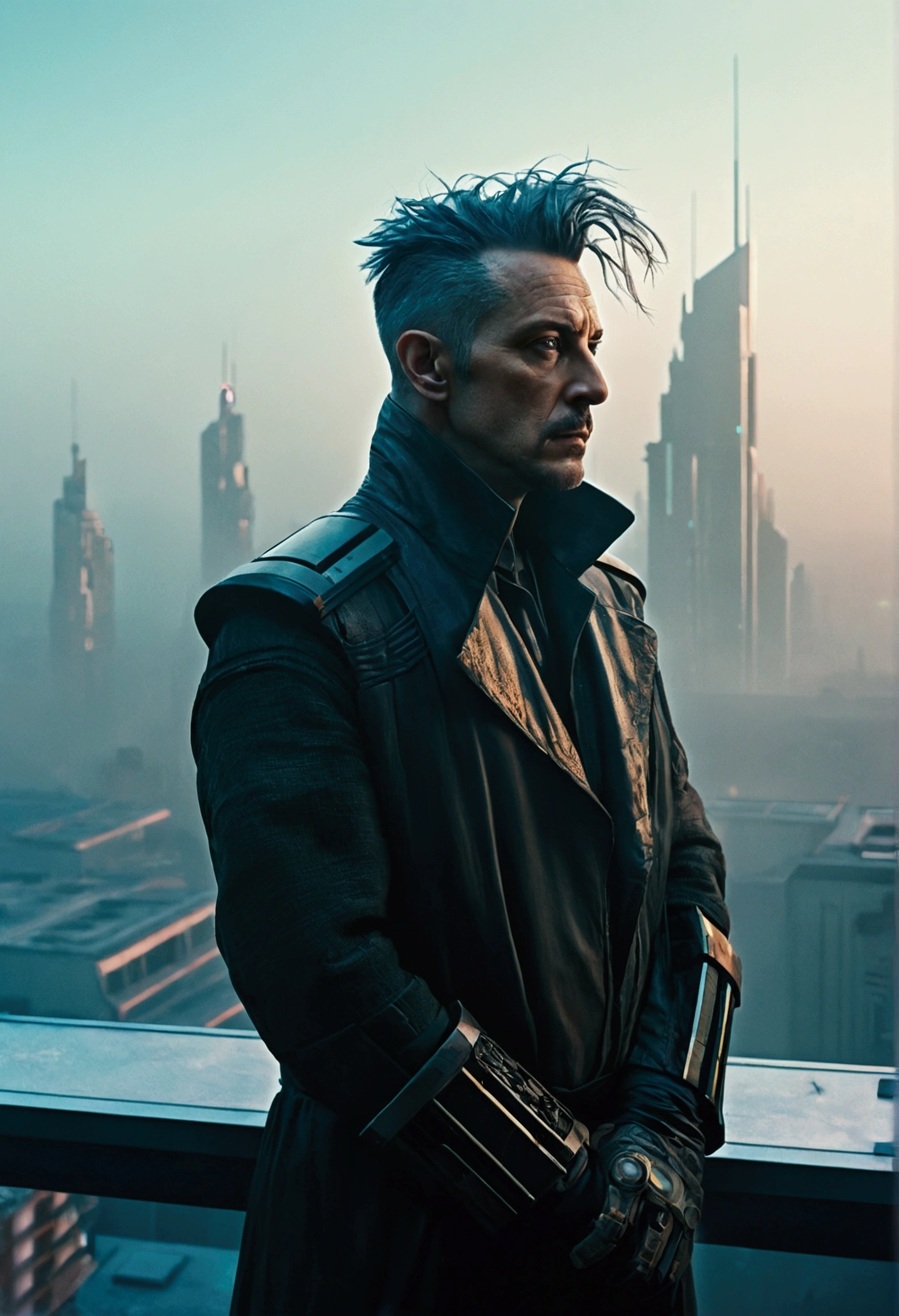 Abstract colors, texture, Film Grain, Skin pores: 0.Intricate and dramatic portrait of one handsome cyberpunk sci-fi scientist blown by the wind standing on a balcony overlooking a futuristic city (Solarpunk) 1.2, Foggy Morning, Film frame for still film, Blade Runner 2049, Punk Hairstyles, Altered Carbon, (Analog Style) 1.3 (Film Grain) 1.3, Stephane Martinière Vadim Kashin Simon Stahlenhag Michal Karczy Ismail Inceoglu、16;9