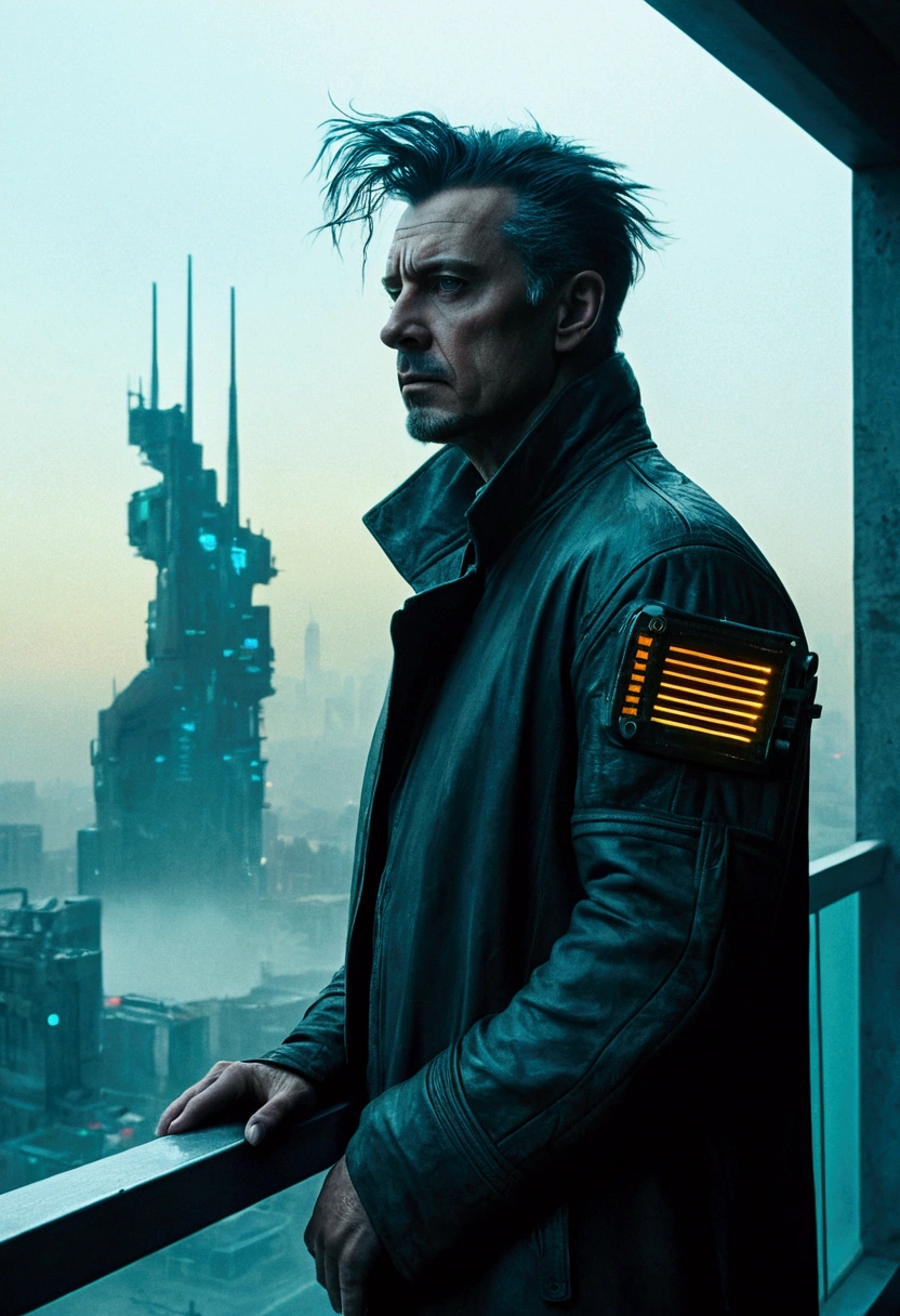 Abstract colors, texture, Film Grain, Skin pores: 0.Intricate and dramatic portrait of one handsome cyberpunk sci-fi scientist blown by the wind standing on a balcony overlooking a futuristic city (Solarpunk) 1.2, Foggy Morning, Film frame for still film, Blade Runner 2049, Punk Hairstyles, Altered Carbon, (Analog Style) 1.3 (Film Grain) 1.3, Stephane Martinière Vadim Kashin Simon Stahlenhag Michal Karczy Ismail Inceoglu、16;9