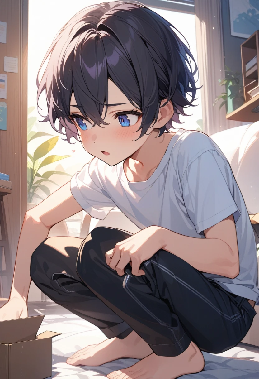 masterpiece, best quality, extremely detailed, ultra detailed, flat anime, 2D,
((1boy)),black hair, (short hair:1.5),blue eyes, height 1.7meters, (circle eyes:1.2), (young adult:1.2), Ear-length sideburns,
long Sleeves, White T-shirt, barefoot, ((short sleeves)), ((long pants)),
squatting, looking away, expressionless,open mouth, full body,three-quarter view,
summer, 12AM, livingroom,organizing the boxes., I'm looking at the material in my hand.