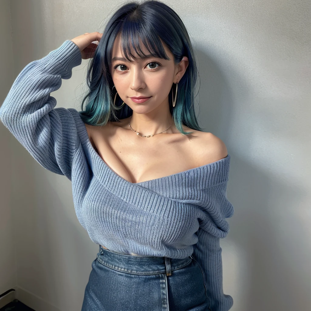 masterpiece,best quality, ultra_res, extremely detailed,
1girl,HMAKANE, BLUE HAIR, medium HAIR, GRADIENT HAIR,
closed mouth, earrings, jewelry,
off shoulder, long sleeves, detatched sleeves, sweater, ribbed sweater, grey sweater,
denim skirt, traditional media,
breasts, collarbone,
watching at viewer, smile,standing,