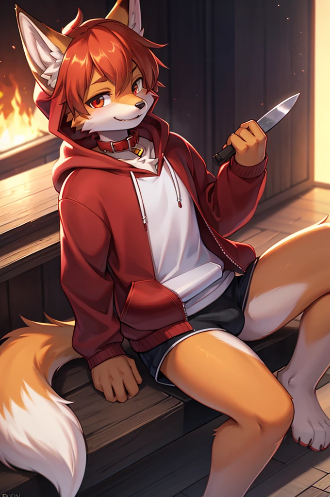 fox boy,Red collar,4K resolution,Boy in hoodie with knife in hand,cool,Red hoodie