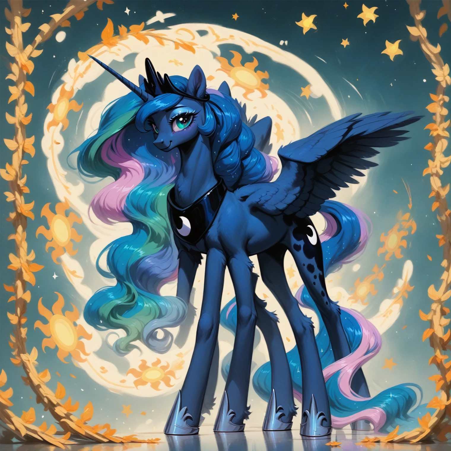 score_9, score_8_up, score_7_up, score_6_up, score_5_up, score_4_up, rating_safe, feral pony, princess luna and Celestia, fluffy ears, smile, beautiful, pretty, eyeshadow, starry eyes, long mane，only 4 legs