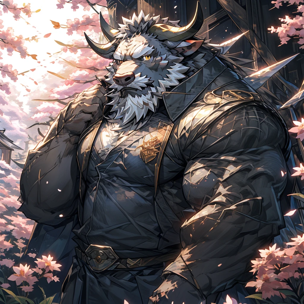 ox),(黑白阴阳General战袍),Holding a long sword,坚Strong姿态,Stand calmly,(The background is a dark forest with peach blossoms in full bloom.:1.2),abdominal muscles,Heroic Stance飒爽,完美的masterpiece,Various facial details,Perspective from a distance,specific description,masterpiece,CG,(Golden Eyes),Black and white pattern,Crimson Tail,General,Heroic Stance,ox,Gray fur,Specific facial details,Half Body,(黑白阴阳General战履),(Chang Ling),((middle aged)),(Face Focus),(16K),HD,White belly，wilderness,beard,(Noodle),Different students,(Black and white yin and yang shirt),(Black and white hair),Strong,muscle,(high resolution:1.3),(Standing in the depths of the desolate peach blossoms),(close up),(Delicate face:1.5),Perfect details,(Half Body),(Facial details:1.5),(Zoom in on the face:1.5),(白色Noodle:1.2),(黑色beard:1.3),(white face;1.6),White body