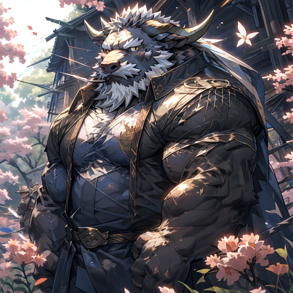 ox),(黑白阴阳General战袍),Holding a long sword,坚Strong姿态,Stand calmly,(The background is a dark forest with peach blossoms in full bloom.:1.2),abdominal muscles,Heroic Stance飒爽,完美的masterpiece,Various facial details,Perspective from a distance,specific description,masterpiece,CG,(Golden Eyes),Black and white pattern,Crimson Tail,General,Heroic Stance,ox,Gray fur,Specific facial details,Half Body,(黑白阴阳General战履),(Chang Ling),((middle aged)),(Face Focus),(16K),HD,White belly，wilderness,beard,(Noodle),Different students,(Black and white yin and yang shirt),(Black and white hair),Strong,muscle,(high resolution:1.3),(Standing in the depths of the desolate peach blossoms),(close up),(Delicate face:1.5),Perfect details,(Half Body),(Facial details:1.5),(Zoom in on the face:1.5),(白色Noodle:1.2),(黑色beard:1.3),(white face;1.6),White body