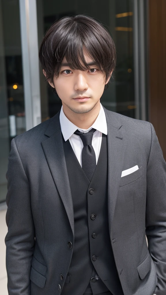 male、32 years old、less beard、Tired face、Glaring eyes、Long bangs parted、Shot from the thigh up、Are standing、looking at the camera、Black suit、Plain white background、Single、Japanese salaryman、Simple poses