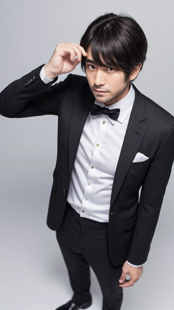 male、32 years old、less beard、Tired face、Glaring eyes、Long bangs parted、Shot from the thigh up、Are standing、looking at the camera、Black suit、Plain white background、Single、Japanese salaryman、Simple poses