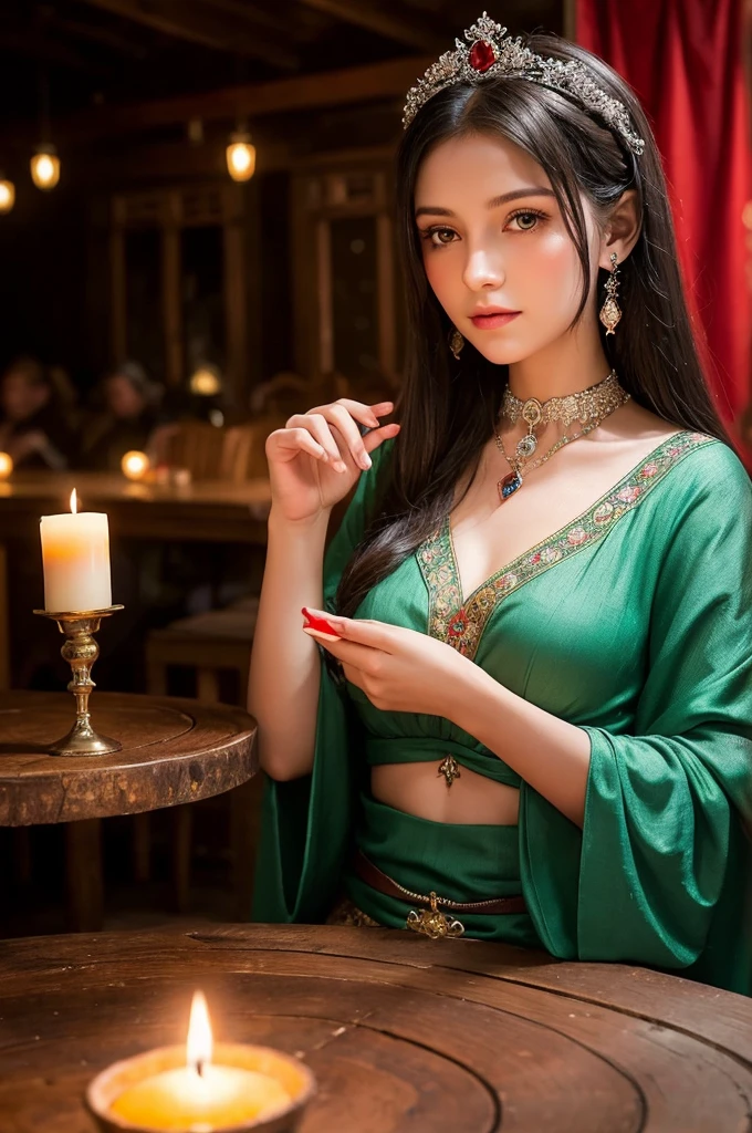 A crimson curtain frames the dimly lit tavern, where candles flicker like fireflies on a summer night. Amidst the rustic wooden tables and chairs, a Vyshyvanka-clad fortune teller, her dark hair adorned with a delicate silver crown, gazes out with piercing green eyes. Her elegant fingers cradle a crystal ball, as if conjuring secrets for the awaiting lovers. The rich colors of Ukrainian embroidery seem to pulse with an otherworldly energy, inviting readers into the mystique of this romantic tale.