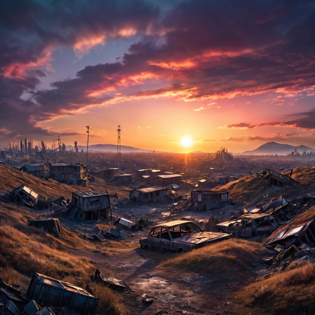 post-apocalyptic sunset at the end of the world of the new dawn aquarelle drawing, high quality photography, 3 point lighting, flash with softbox, 4k, Canon EOS R3, hdr, smooth, sharp focus, high resolution, award winning photo, 80mm, f2.8, bokeh