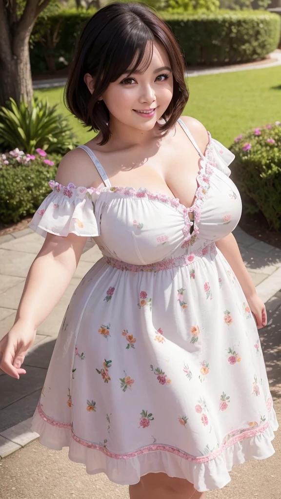 A beautiful and hot almost chubby mature woman.who is wearing a patterned short dress and is and standing in the park. A smiling face、sexy woman、A radiant smile、adorable、race、Frills、Colorful design、Full-length mirror、An inviting gaze、Gorgeous long and beautiful hairstyle、variation Hairstyle、Open neck blouse、Flower Garden、Sparkling、Elegant Princess